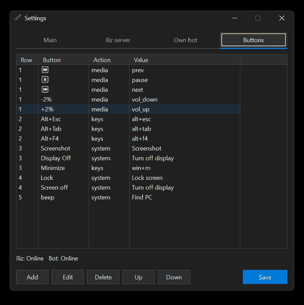 Настройки клиента Windows: вкладка Buttons
